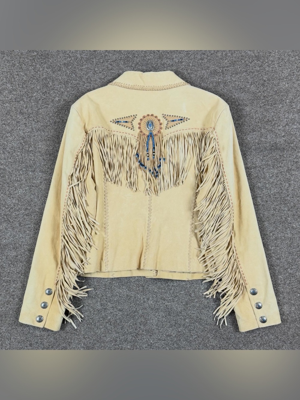 Cripple Creek Tan Suede Leather Fringe Western Jacket Womens L Beaded Medallions - Picture 3 of 15